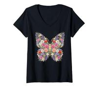 Mujer Wildflowers Floral Butterfly Botanical Nature Art Gardener Camiseta Cuello V
