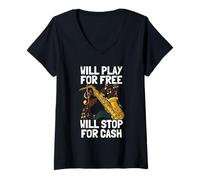 Mujer Will Play for Free Saxofón Jugador Saxofón Camiseta Cuello V