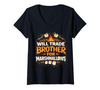 Mujer Will Trade Brother for Marshmallows Camp Fire Funny Camiseta Cuello V