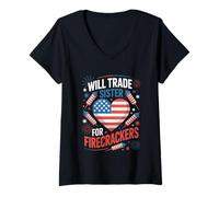 Mujer Will Trade Sister For Firecrackers Funny 4th Of July Boys Camiseta Cuello V