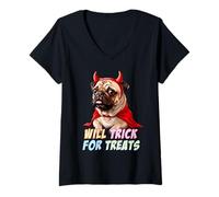 Mujer Will Trick for Treats. Divertido Perro Carlino Halloween Diablo Costum Camiseta Cuello V