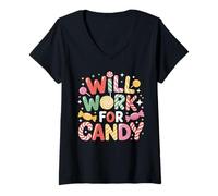 Mujer Will Work for Candy - Paletas de Caramelo para niños, diseño de Oso Divertido Camiseta Cuello V