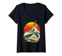 Mujer Windsurf Ola Montar al Atardecer Retro Windsurfista Océano Agua Camiseta Cuello V