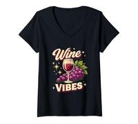 Mujer Wine Vibes - Copa de Vino Retro con diseño de Uvas Camiseta Cuello V