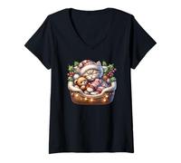 Mujer Winter Cat For Women Cuddle with Teddy Bear Christmas Lights Camiseta Cuello V