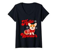 Mujer Winter Corgi In Cozy Sweater Camiseta Cuello V