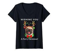 Mujer Wishing You a Furry Christmas Pug Divertido gráfico Camiseta Cuello V