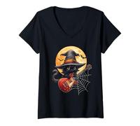 Mujer Witch Cat Playing Guitar Cat Halloween Cat Kitten Lover Kids Camiseta Cuello V