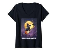 Mujer Witch Cat Playing Guitar Cat Halloween Cat Kitten Lover Kids Camiseta Cuello V