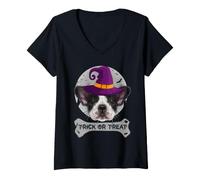 Mujer Witch French Bulldog Trick Or Treat Funny Dog Halloween Camiseta Cuello V