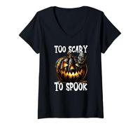 Mujer Witch Halloween Skull Pumpkin Face Is Too Scary To Spook Camiseta Cuello V