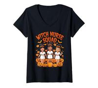 Mujer Witch Nurse Squad Funny Nurses Witches Pumpkins Camiseta Cuello V