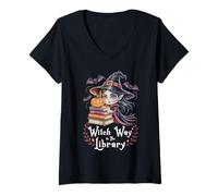Mujer Witch Way to The Library Halloween Bibliotecario Bookworm Camiseta Cuello V