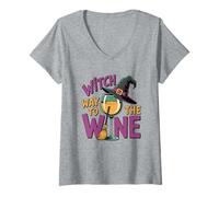 Mujer Witch Way To The Wine Divertido Juego de Palabras de Halloween Camiseta Cuello V