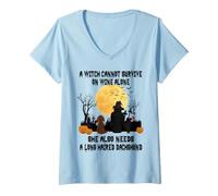Mujer Witch Wine and Long Haired Dachshund Dog Halloween Costume Camiseta Cuello V
