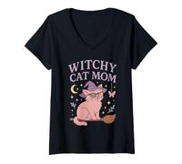 Mujer Witchy Cat Mom Cute Ocult Estética Halloween Vibes Camiseta Cuello V
