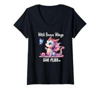 Mujer With Brave Wings She Flies Butterfly Pink Flower Dragon Wing Camiseta Cuello V