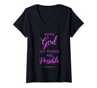 Mujer with God All Things Are Possible Matthew Biblia Versículo Fe Camiseta Cuello V
