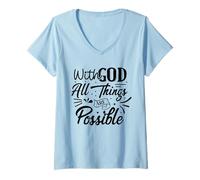 Mujer with God All Things Possible - Verso de la Biblia Christian Faith Camiseta Cuello V