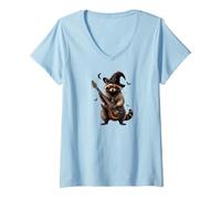 Mujer Wizard Raccoon Guitarist Halloween Music Camiseta Cuello V