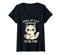 Mujer Woke Up This Morning Feline Fine. Divertido diseño de Gato Camiseta Cuello V