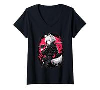 Mujer Wolf Anime Girl Samurai Katana Rosa Negro Diseño Estético Camiseta Cuello V