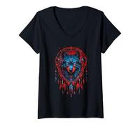 Mujer Wolf Dreamcatcher Native American Indian Feathers Arts Camiseta Cuello V