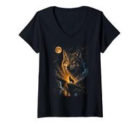 Mujer Wolf Howling at Moon Retro 90s Camiseta Cuello V