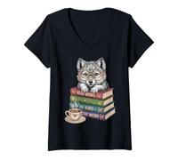Mujer Wolf Read Books Be Kind Stay Weird Drink Coffee Book Amante Camiseta Cuello V