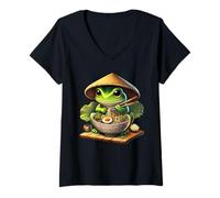 Mujer Women Men Kids Cute Frog Eating Ramen Japanese Noodles Camiseta Cuello V