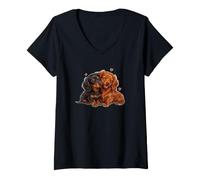 Mujer Womens Girls 2 Black Tan Long Haired Dachshund Puppy Lover Camiseta Cuello V