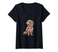 Mujer Womens Girls Multicolored Folk Art Long Haired Dachshund Camiseta Cuello V