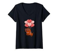 Mujer Womens Girls Valentines Day Heart Balloons Mini Dachshund Camiseta Cuello V