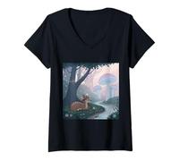Mujer Woodland Deer and Setas Cottagecore Dreamscape Camiseta Cuello V