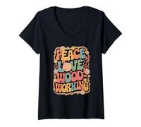 Mujer Woodworker 60s 70s Hippie Retro Peace Love Carpintería Camiseta Cuello V