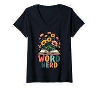 Mujer Word Nerd Book Lover Wildflowers Cottagecore Flowers Book Camiseta Cuello V