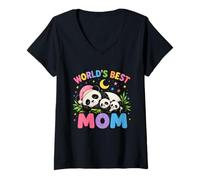 Mujer Worlds Best Mom Cute Panda Family Cozy Night Día de la Madre Camiseta Cuello V