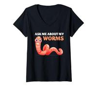 Mujer Worm Farm Pregúntame sobre mis Gusanos Humor de vermicompostaje Camiseta Cuello V