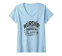 Mujer Worship Through The Worry Retro Distressed Lettering Camiseta Cuello V