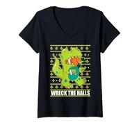 Mujer Wreck The Halls T-Rex Dinosaurio Tyrannosaurus Meme de Navidad Camiseta Cuello V