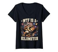 Mujer WTF Is A Kilometer Funny 4th of July Patriotic American Camiseta Cuello V