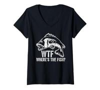 Mujer WTF Where's The Fish Humor de pesca divertido para pescadores Camiseta Cuello V