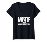 Mujer WTF Where's The Fish Regalos de Pesca Divertidos para Hombre Día del Padre Camiseta Cuello V