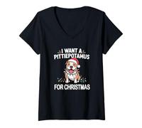 Mujer Xmas I Want A Pittiepotamus for Christmas Pitbull Dog Camiseta Cuello V