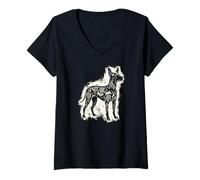 Mujer Xoloitzcuintli Perro Mexicano Sin Pelo Azteca Xolo Linocut Camiseta Cuello V