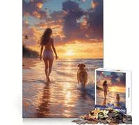 Mujer y Perro paseando por la Playa para Adultos Rompecabezas de 1000 Piezas Ejercicio Mental Escape Sereno Cierre Seguro Regalo Ideal (38x52cm)