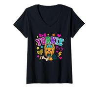 Mujer Y2K Yorkie Dog Gráfico con Estrellas e Iconos atrevidos Camiseta Cuello V