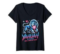 Mujer Yahuah León de Judá Hebreo Fe Yashrael Diseño Camiseta Cuello V