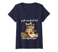 Mujer Y'All were Feral But I Low Key Love You Funny Cat Teacher Camiseta Cuello V