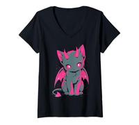 Mujer Yami Kawaii Gato Diablo Creepy Cute Pastel Goth Japonés Camiseta Cuello V